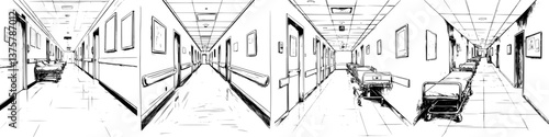 Long hospital corridor featuring empty beds and medical equipment during quiet afternoon hours