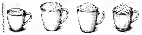 Various coffee cups showcased in an artistic illustration depicting different types of coffee beverages and their unique presentations