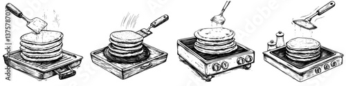 Pancake preparation process from mixing batter to cooking on stovetop with stack of pancakes