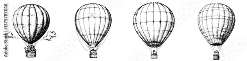 Hot air balloons in various stages of flight against a clear sky displaying vintage designs and intricate details