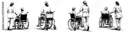 Caregivers assist individuals in wheelchairs with mobility in a healthcare setting during daylight hours