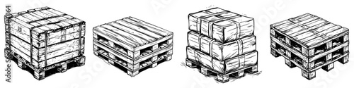 Different types of wooden pallets displayed in various arrangements in a warehouse setting for storage purposes