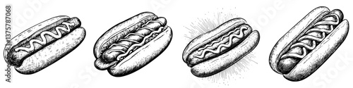 Four different styles of hot dogs with varying toppings presented on a white background