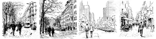 City streets depict daily life with pedestrians enjoying a vibrant urban atmosphere during the afternoon hours