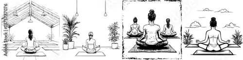 Yoga practitioners engage in meditation in a serene indoor environment surrounded by plants and natural light