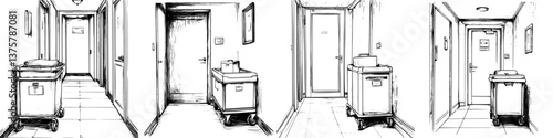 Sketch of a hospital hallway with medical cart and closed doors in a sterile environment