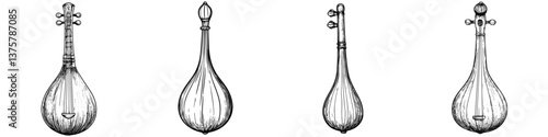 Detailed illustrations of traditional string instruments showcasing their unique shapes and features in a vintage style