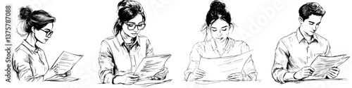 Individuals engaged in reading documents while concentrating in a casual setting