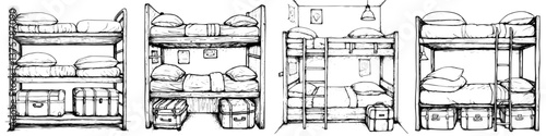 Bunk beds with storage in a simple dormitory setup featuring multiple sleeping arrangements
