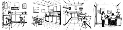 Creative workspace featuring a kitchen, office area, and collaborative space in a modern environment