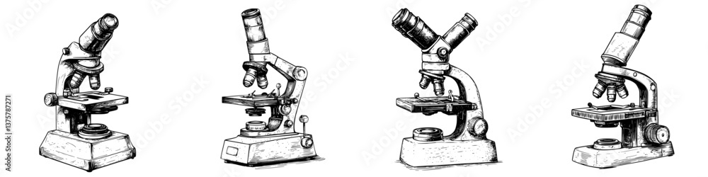 Evolution of microscopes from early models to modern designs in a detailed illustration Evolution of microscopes from early models to modern designs in a detailed illustration