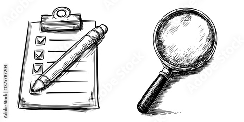 Checklist and magnifying glass illustration for organizing tasks and conducting reviews