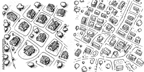 Engaging hand-drawn illustration depicting residential neighborhoods with houses and trees from an aerial view