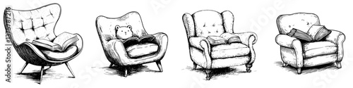 Cozy armchairs in a quiet reading nook with books and a stuffed bear during a relaxing afternoon