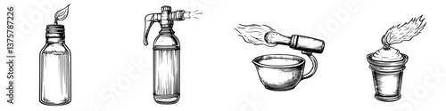 Various fire safety tools and fire-related items on a plain background illustrating safety measures and fire handling techniques