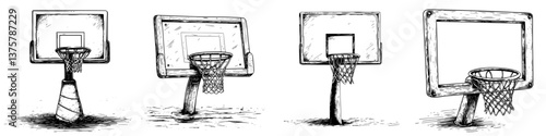 Basketball hoops in various states of decay in an abandoned court during daylight