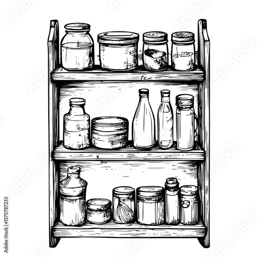 Wooden kitchen shelf filled with jars, bottles, and containers showcasing various ingredients for cooking