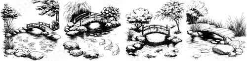 Illustration of serene garden bridges over tranquil ponds with koi fish and lush greenery during a sunny day