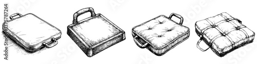 Sketches of various types of cushions and their unique features displayed side by side in a minimalist design