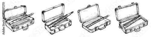 Hand-drawn sketches of flute cases showcasing various angles and details of traditional musical instruments in artistic style