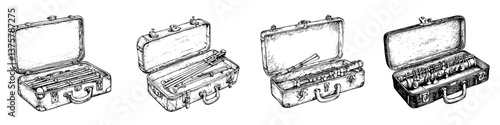 Detailed illustration of vintage toolcases with various tools organized inside them for a crafting or repair project