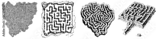 Intricate maze designs featuring varying complexities and shapes in black and white colors