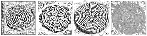 Intricate designs of labyrinths showcasing various patterns and paths in a detailed artistic representation