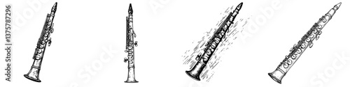 Different designs of an oboe displayed in artistic styles by talented illustrators showcasing musical instruments from various angles