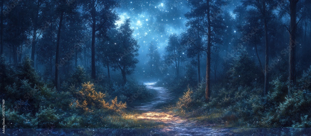 Fototapeta premium Mystical Night Forest Path Under Stars