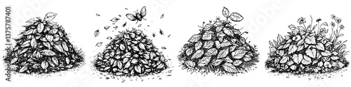Compost piles transforming organic waste into nutrient-rich soil in a natural setting