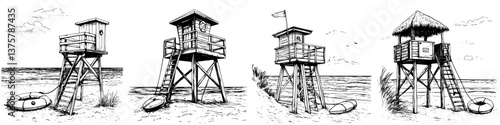Four lifeguard towers along the beachfront under a cloudy sky showcasing the importance of ocean safety