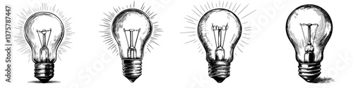 Various styles of light bulbs with different designs and brightness represented in a vintage sketch format