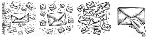 Creative illustration of flying envelopes symbolizing communication and connection across different settings