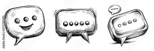 Creative sketch of three chat bubbles with various expressions illustrating communication in a digital age