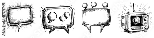 Creative illustrations of speech bubbles and a vintage television set showcasing communication elements and retro design
