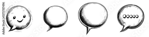 Expressions of communication using cheerful and empty speech bubbles with varied emotions displayed together in a creative arrangement
