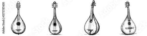 Various mandolins displayed in a linear arrangement showcasing different designs and styles
