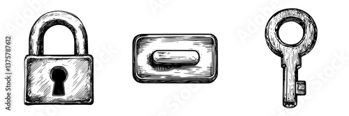 Illustration of a padlock, unlocking mechanism, and key representing security and access control concepts