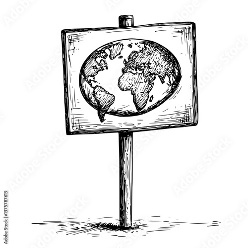 World map displayed on a wooden sign in a park during a sunny day with green grass surrounding the area