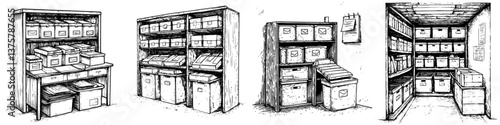 Organization of office storage areas with labeled boxes and filing systems for efficient document management