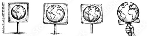 Global awareness campaign featuring signs and a hand-held globe drawn in sketch style showcasing environmental concerns
