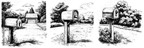 Mailbox series shows different styles in a rural neighborhood during a sunny day with trees and a house in the background