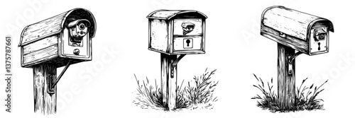 Vintage mailbox designs displayed on wooden posts near grassy terrains showcasing early 20th-century craftsmanship and community charm