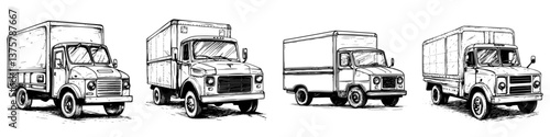 Various sketches of delivery trucks parked in a simple urban setting during daytime