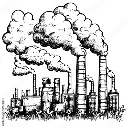 Industrial landscape with factories emitting smoke during the day in a polluted environment