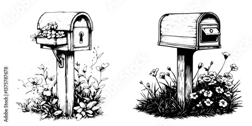 Elegant black and white illustration of two mailbox designs with flowers on a sunny day