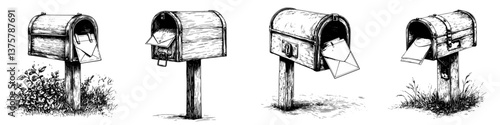 Mailboxes lined up in a row display various envelopes and letters in a rural setting during daylight