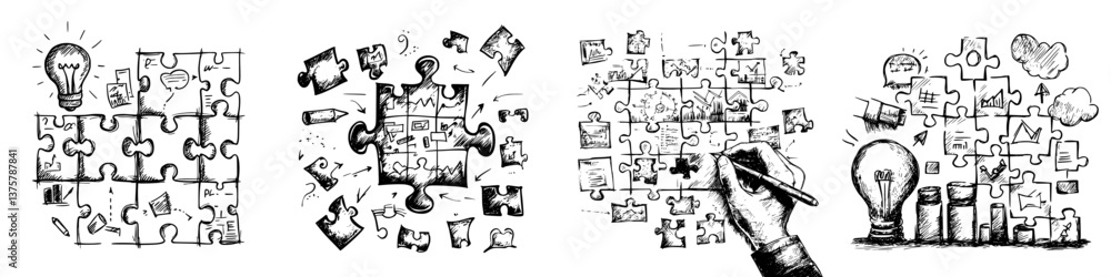 Fototapeta premium Creative process illustrated through puzzle pieces showing brainstorming, planning, and execution stages