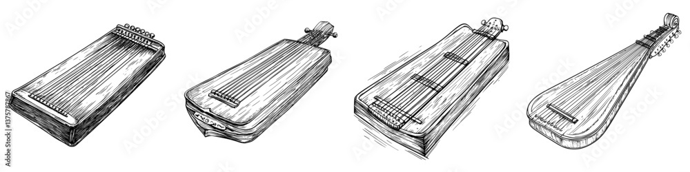 Obraz premium Various designs of traditional string instruments arranged in a row showcasing their unique shapes and craftsmanship