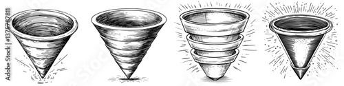 Unique illustrations of spiral shapes and cones showcasing different designs and dimensions in black and white